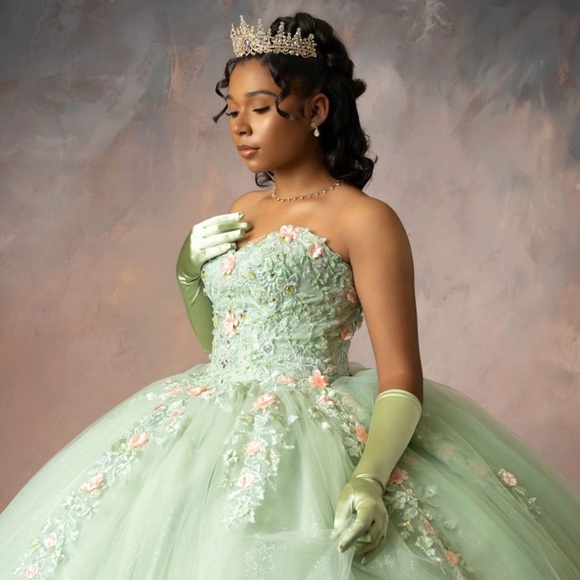 Sage Green Quinceañera Dress With Train - Picture 5 of 9